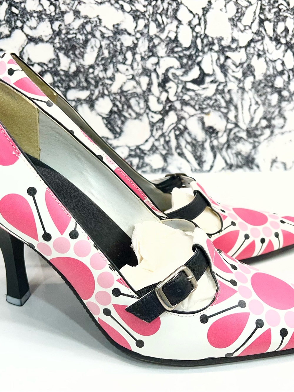 MIA Pink & White Patterned Mary Jane Heels with Black Strap - Picture 6 of 10